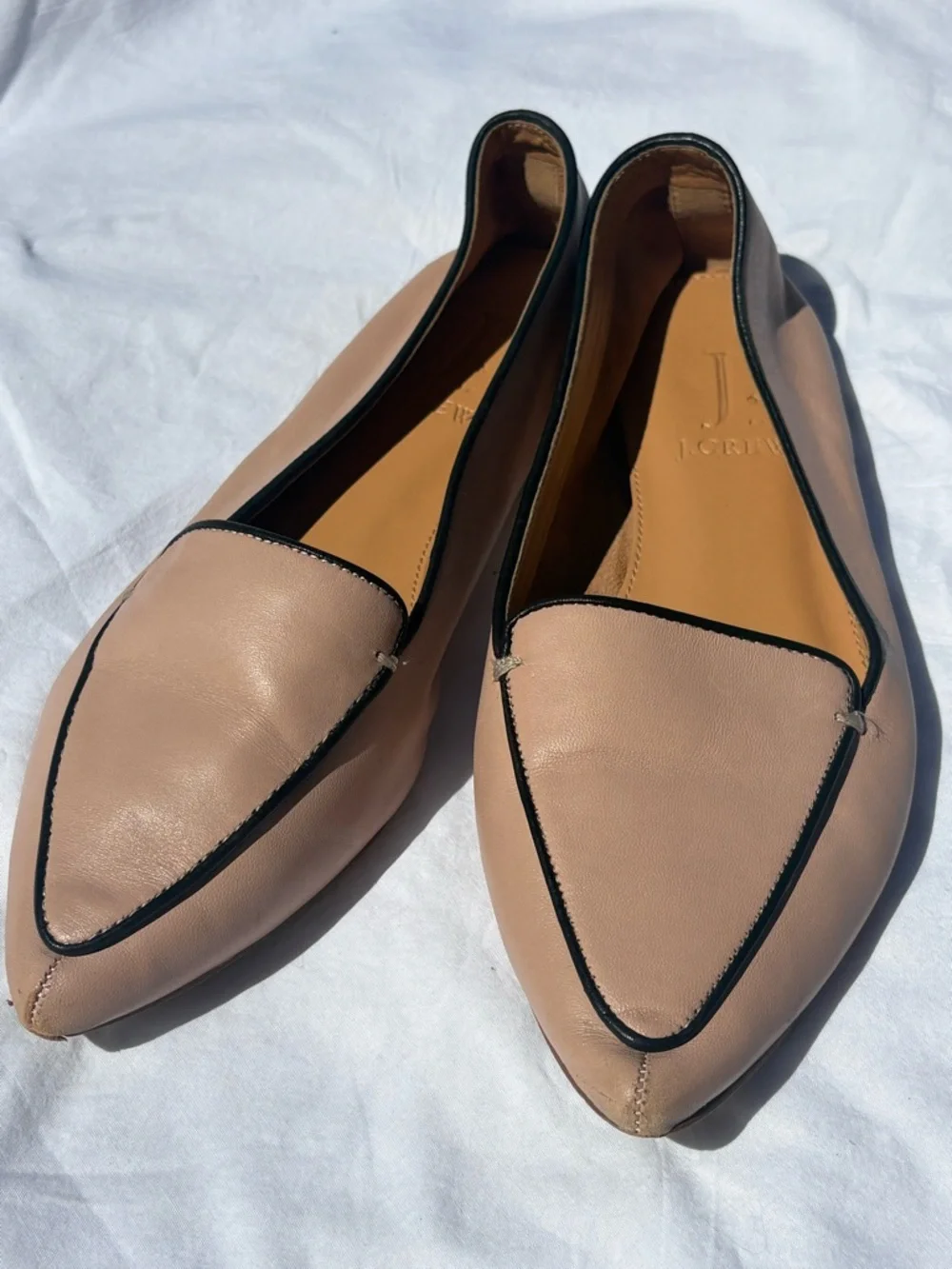 J. Crew Women's Nude Blush Pointed Leather Loafers with Black Trim - Picture 3 of 6